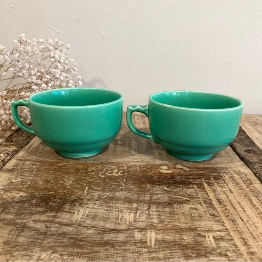2 Homer Laughlin Riviera Light Green Art Deco Tea Cups Vintage